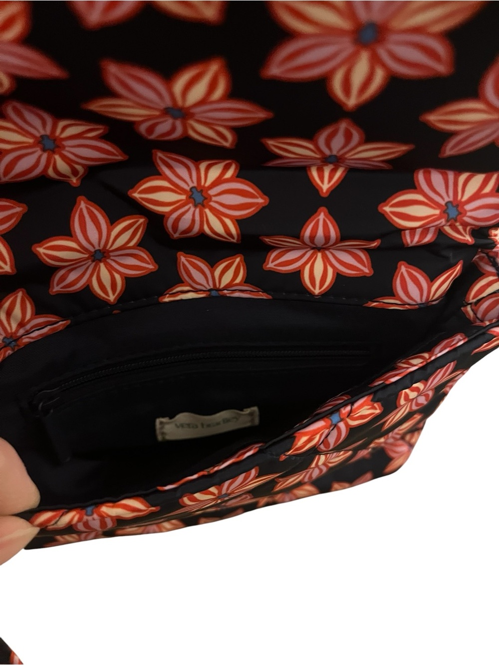 Vera Bradley Navy Blue and Floral Crossbody Bag with Red-Orange Star Pattern - Picture 3 of 3